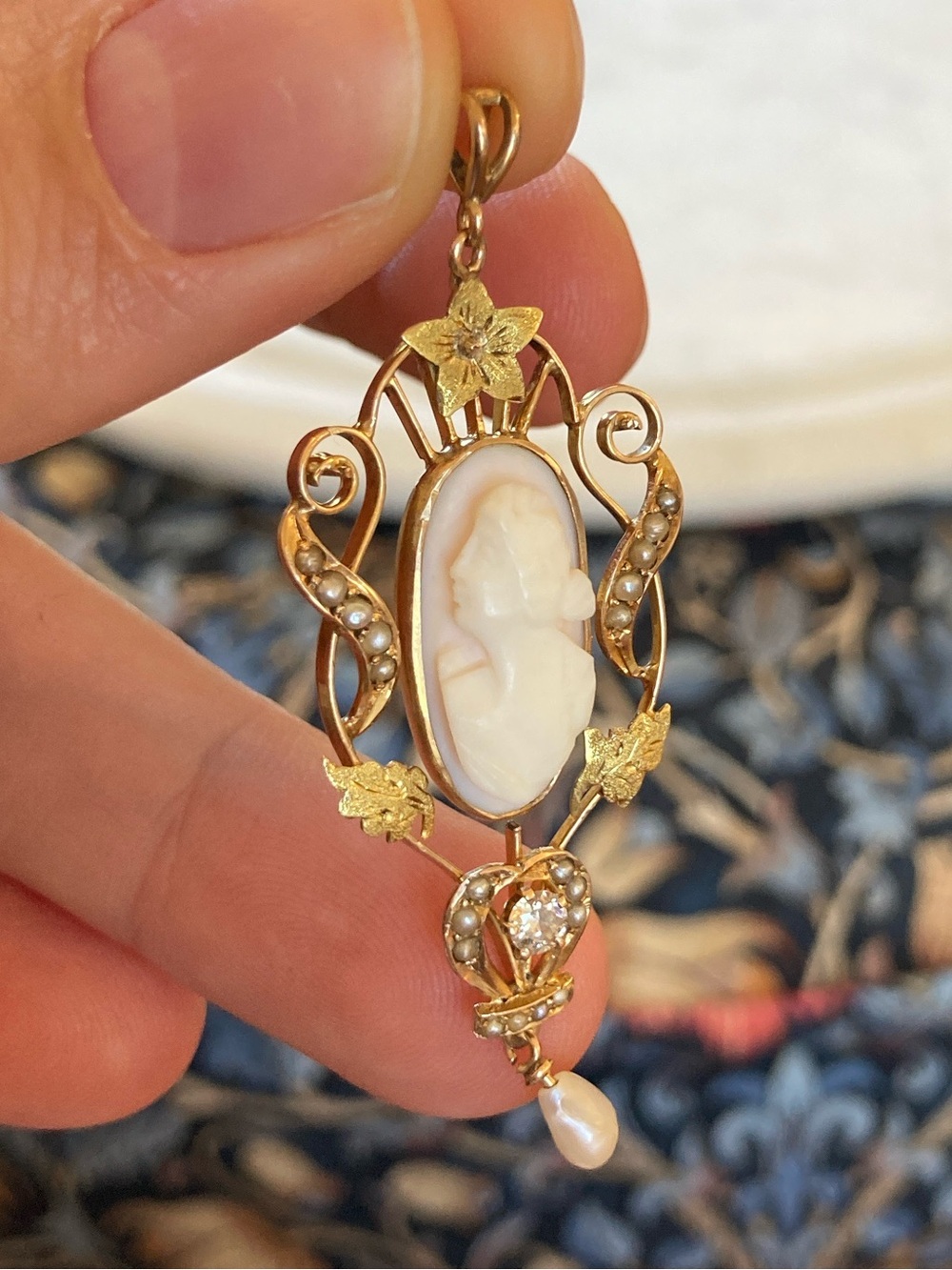 Antique Victorian 10K Diamond, Seed Pearl, Angel Skin Coral Carved Cameo Pendant - Picture 15 of 17